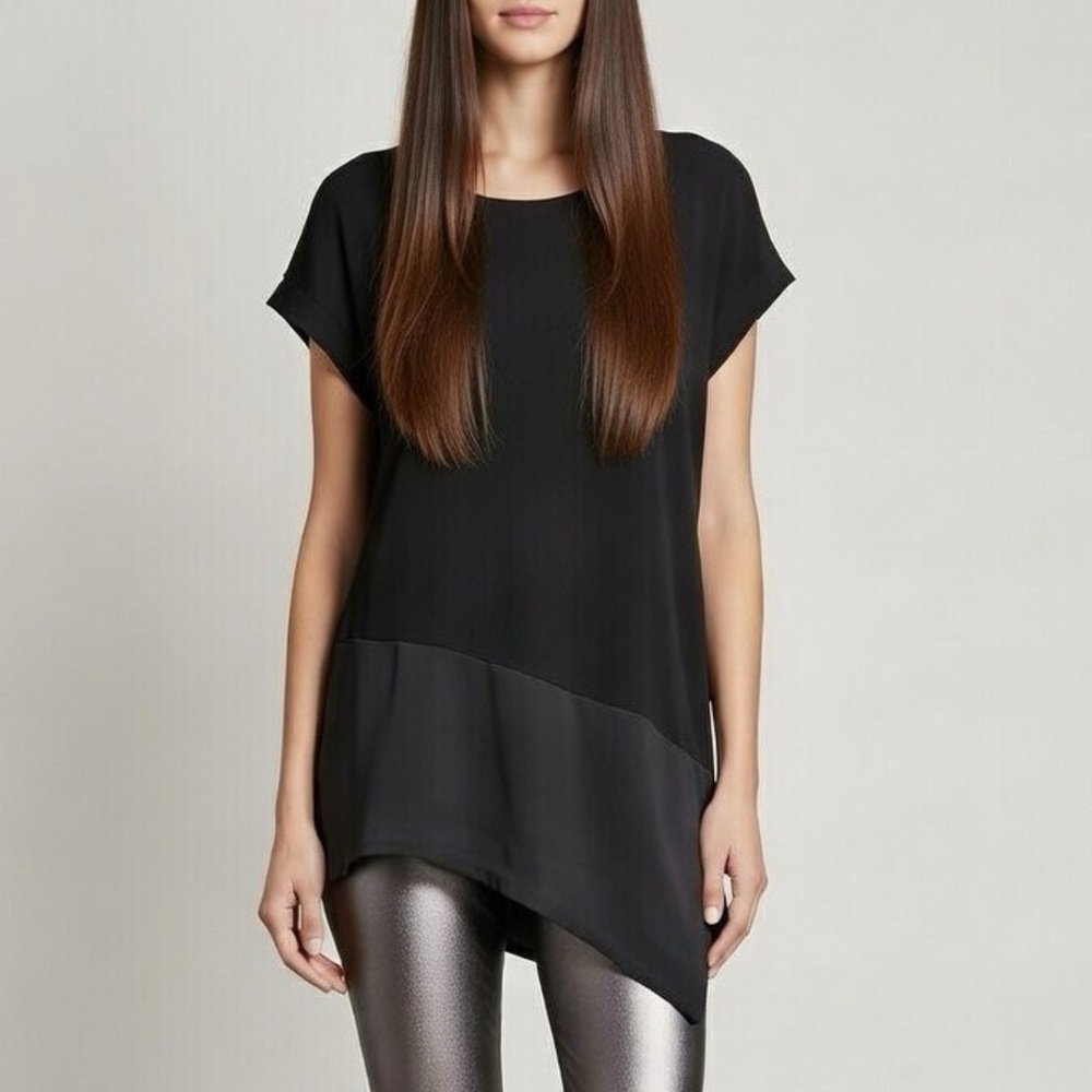 Chico's Asymmetrical Black Tunic Top Size 1 Cap Sleeves Stretchy Fabric